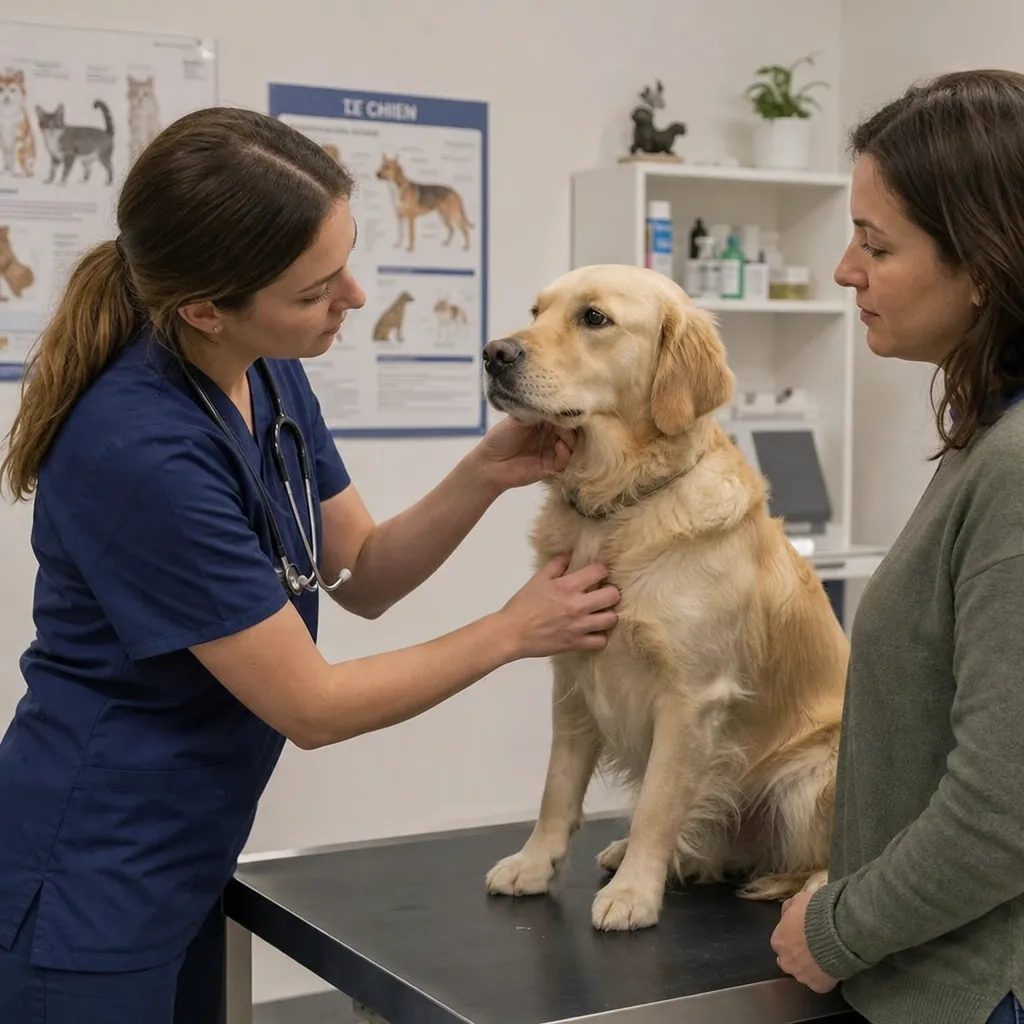 Vétérinaire auscultant un golden retriever sur la table d’examen, devant sa propriétaire