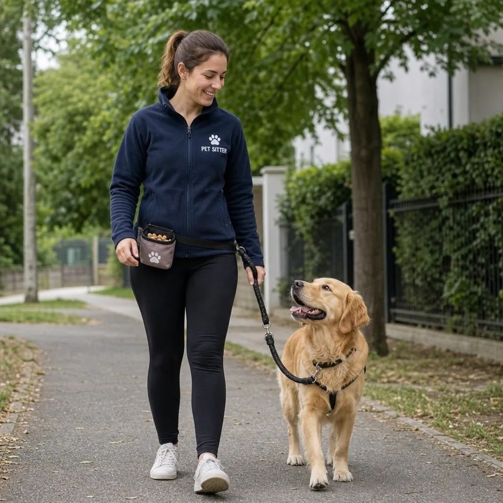 Pet sitter promenant un golden retriever en laisse avec une pochette à friandises