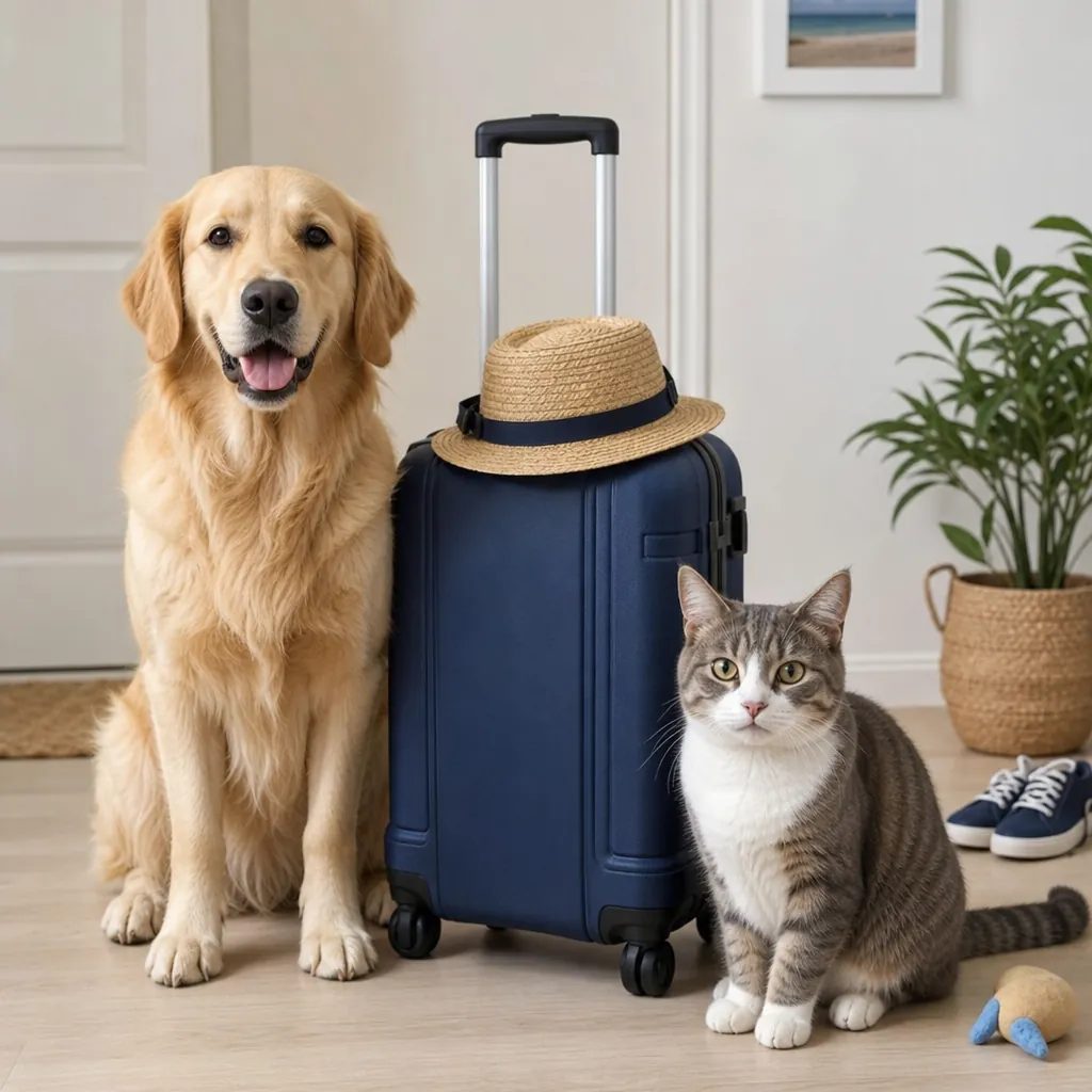 Chien et chat près d’une valise avant les vacances