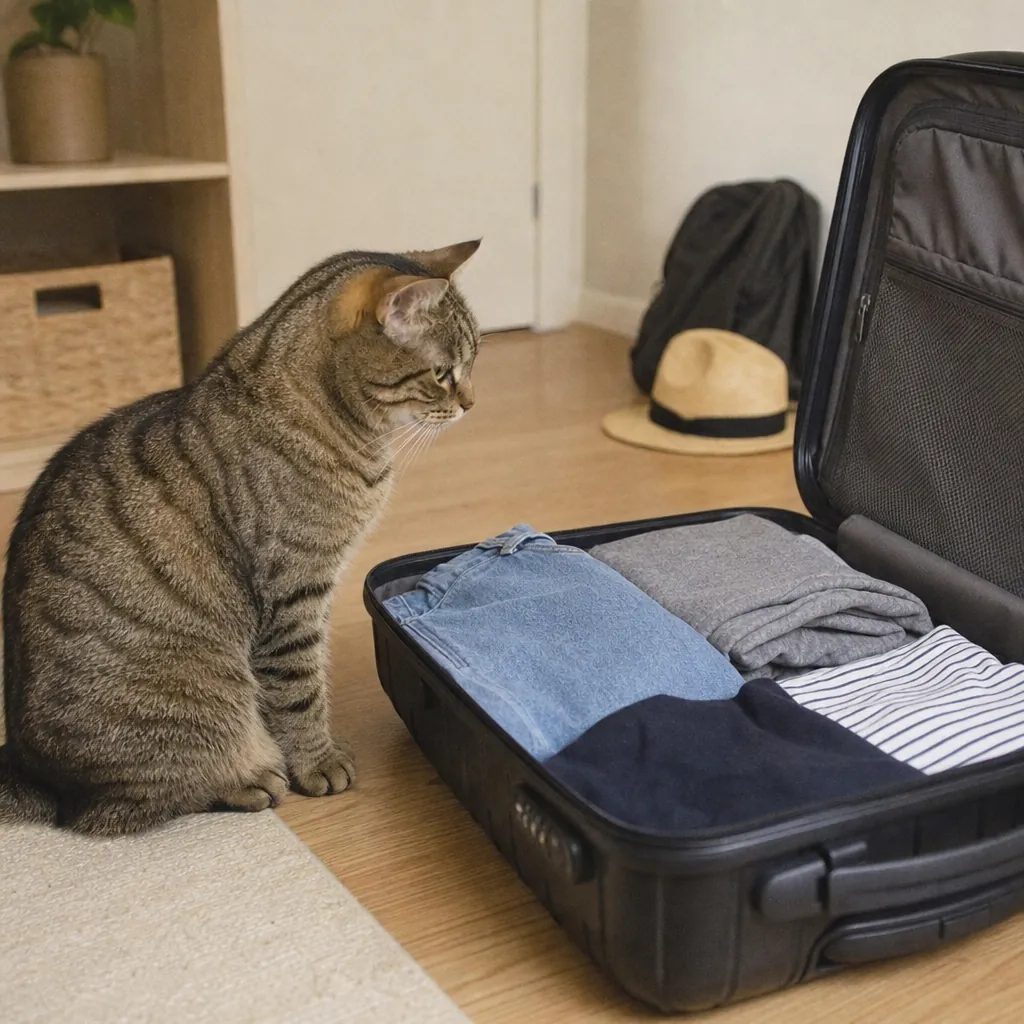 Chat tigré observant une valise ouverte avant un départ en vacances