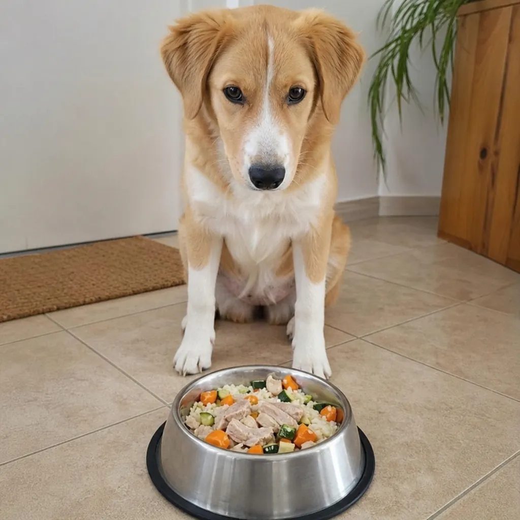 Chien assis devant une gamelle de viande, riz et légumes frais
