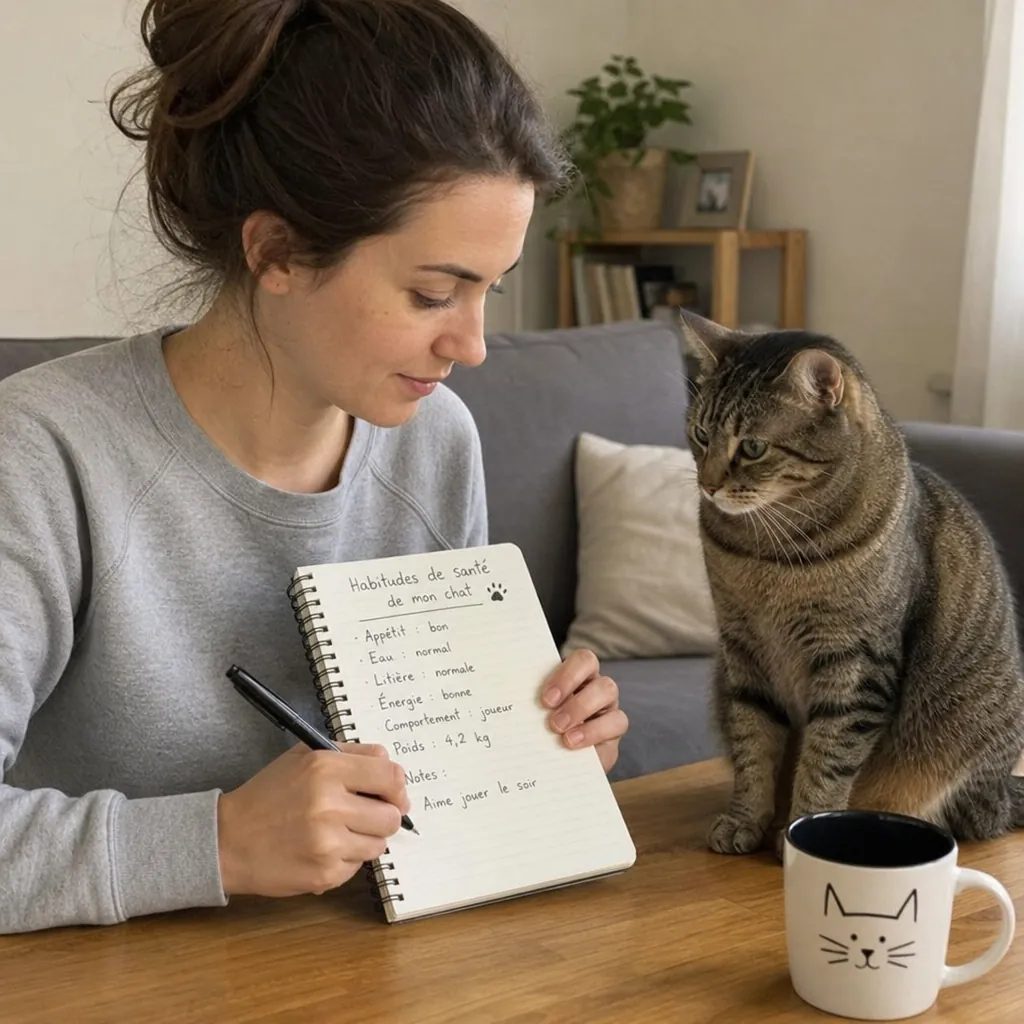 Propriétaire notant l’appétit et le poids de son chat dans un carnet de suivi