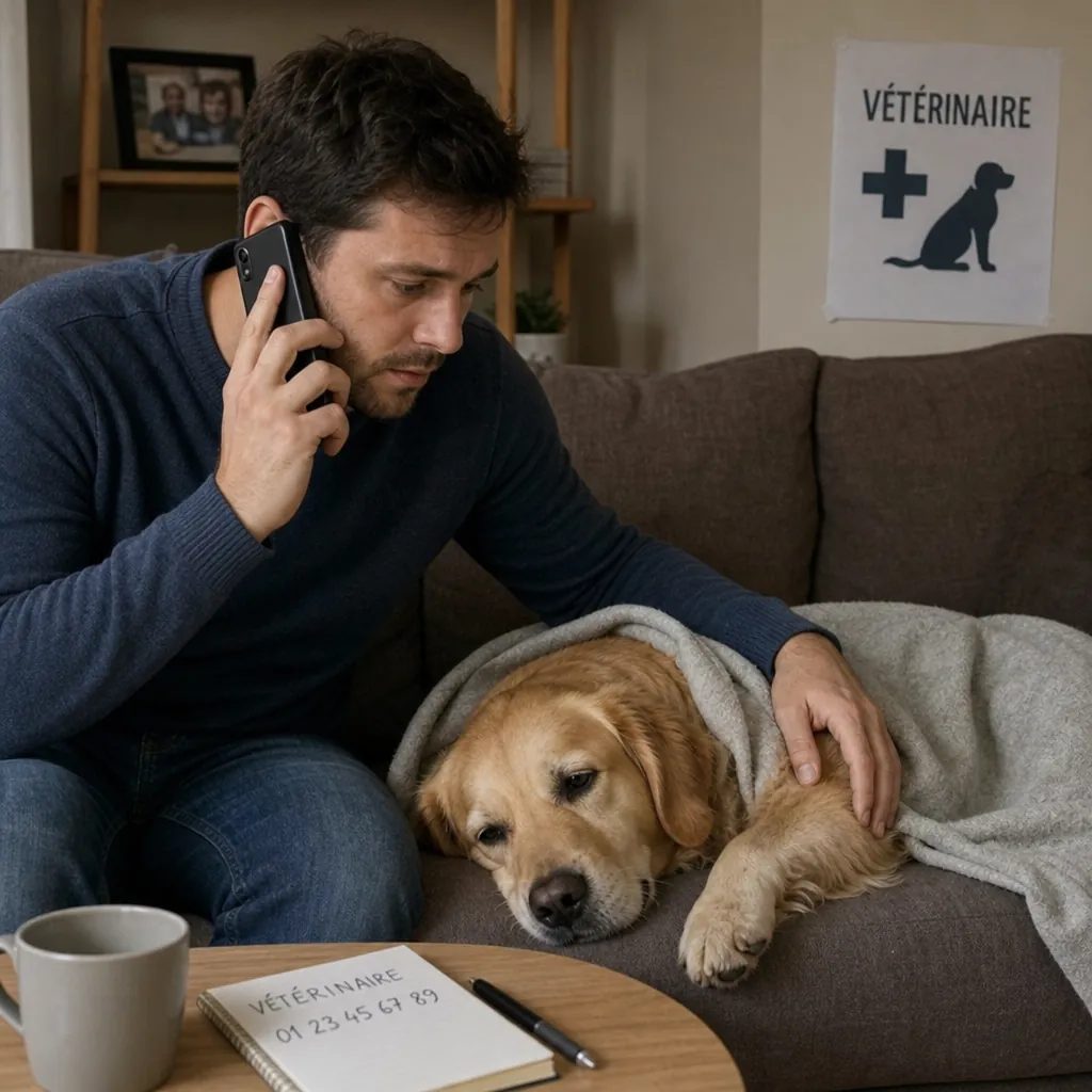 Propriétaire téléphonant au vétérinaire près de son chien malade